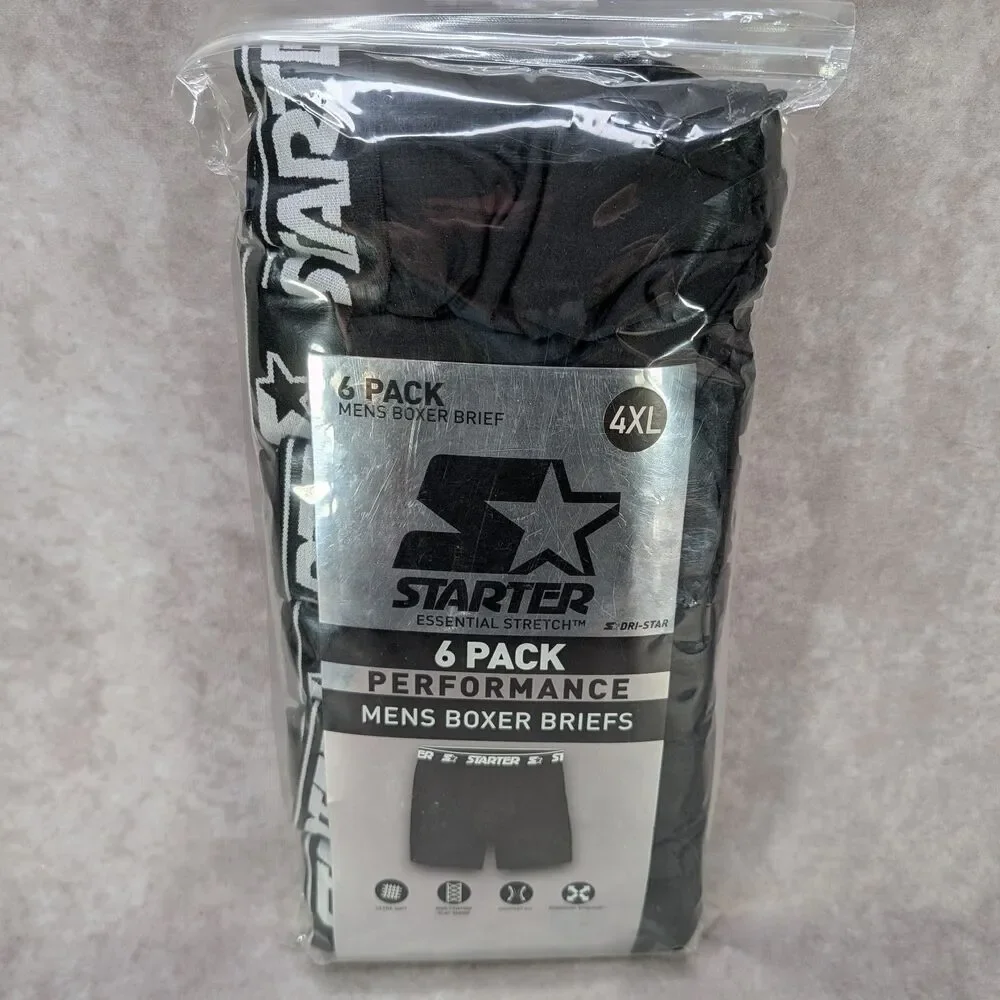 Starter Mens Performance Boxer Briefs 6 Pack Black Dri-Star Stretch Size 4XL New